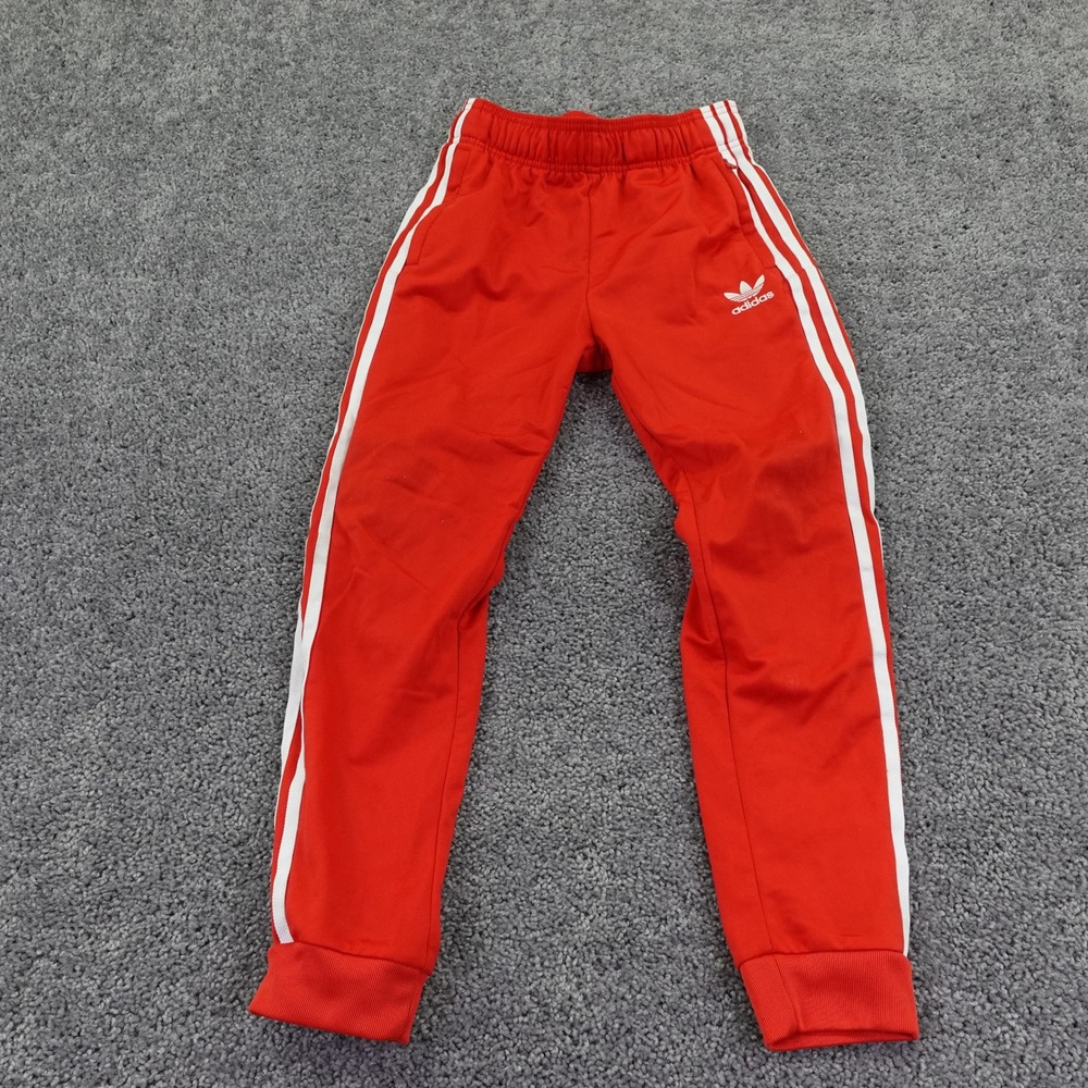 Adidas Track Pants Boys Medium Red White 3 Stripe Trefoil Logo Athletic Joggers